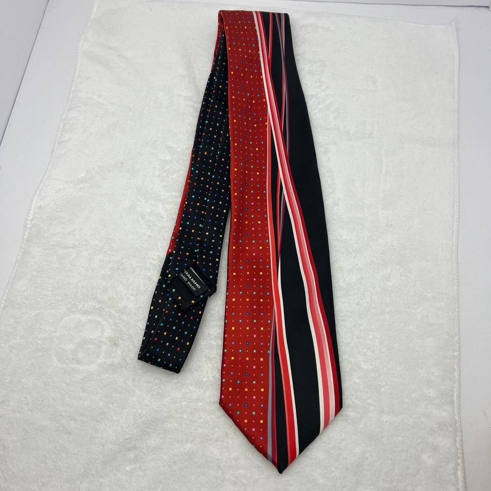Vitaliano Necktie Mens OS Red Black Striped Micro Dot Silk‎ Italy Gold Chain